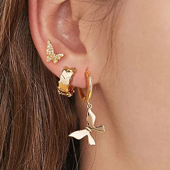 Butterfly Gold Dangle Hoop Earrings - Picture 1 of 2